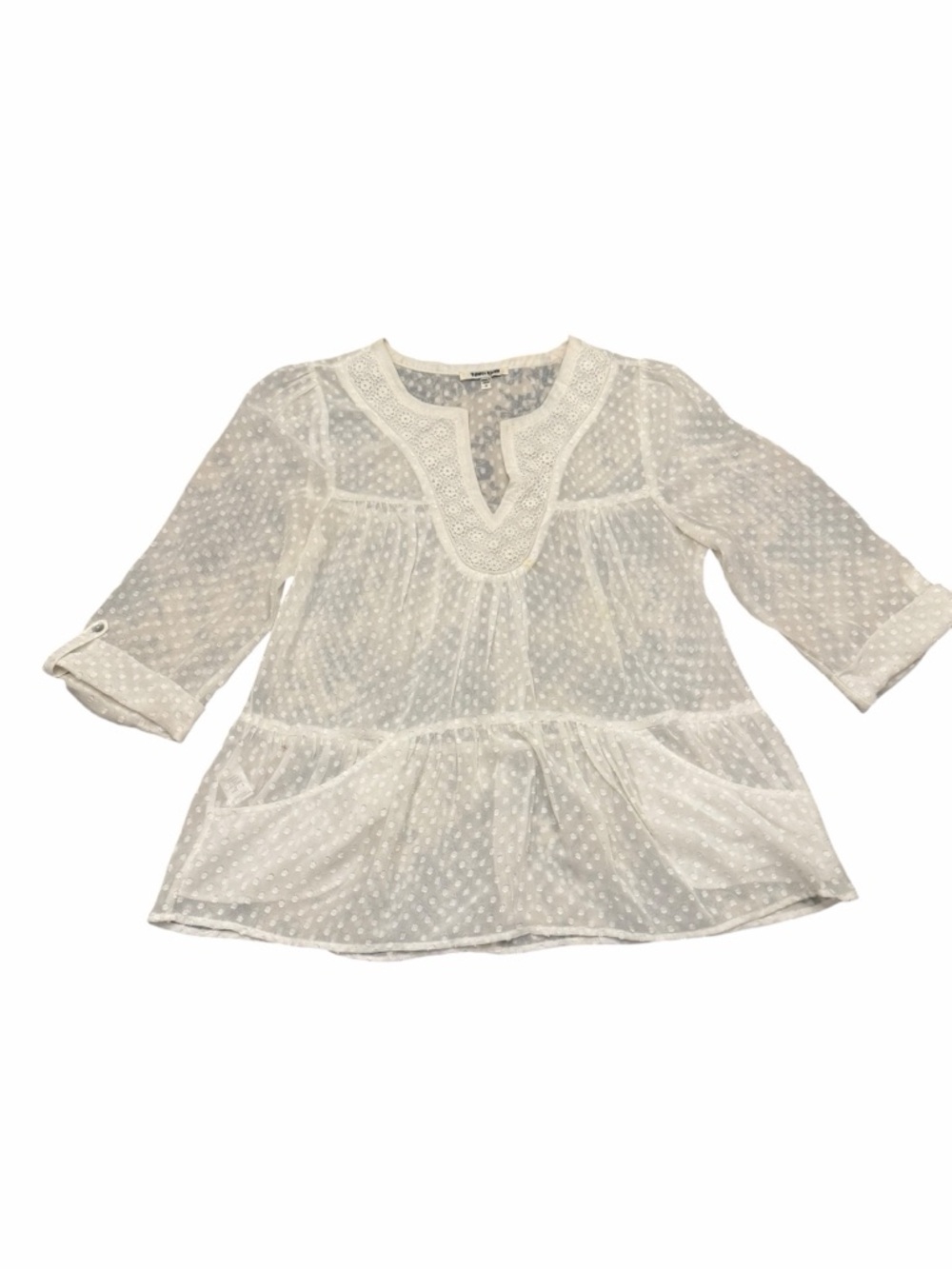 DANIEL RAINN Sheer White Blouse Roll Tab Sleeve MED Pockets Polka Dot Lace STAIN